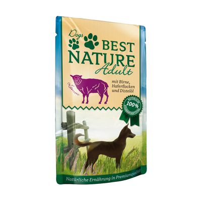 Dogs Best Nature Adult, agneau, mit Birne, Haferflocken und Distelöl, 100 % natürliche Zusammensetzung. Texte en allemand visibles sur l’emballage.